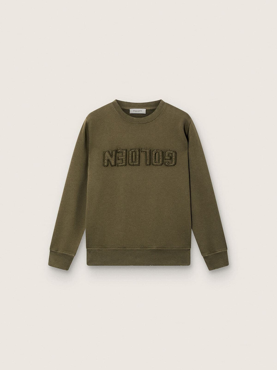 goldener unisex-sweatshirt aus militärgrüner baumwolle mit umgekehrtem logo