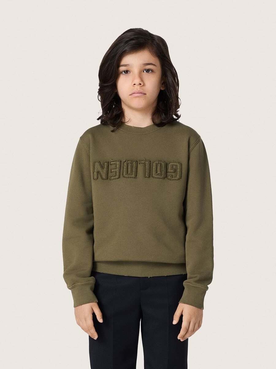 goldener unisex-sweatshirt aus militärgrüner baumwolle mit umgekehrtem logo