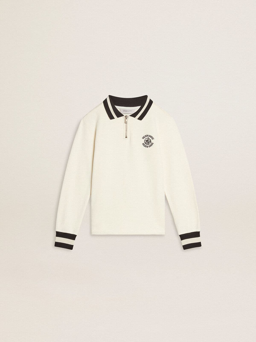 weißes polo-sweatshirt aus baumwolle für kinder mit stickerei auf der brust und aufdruck auf dem rücken