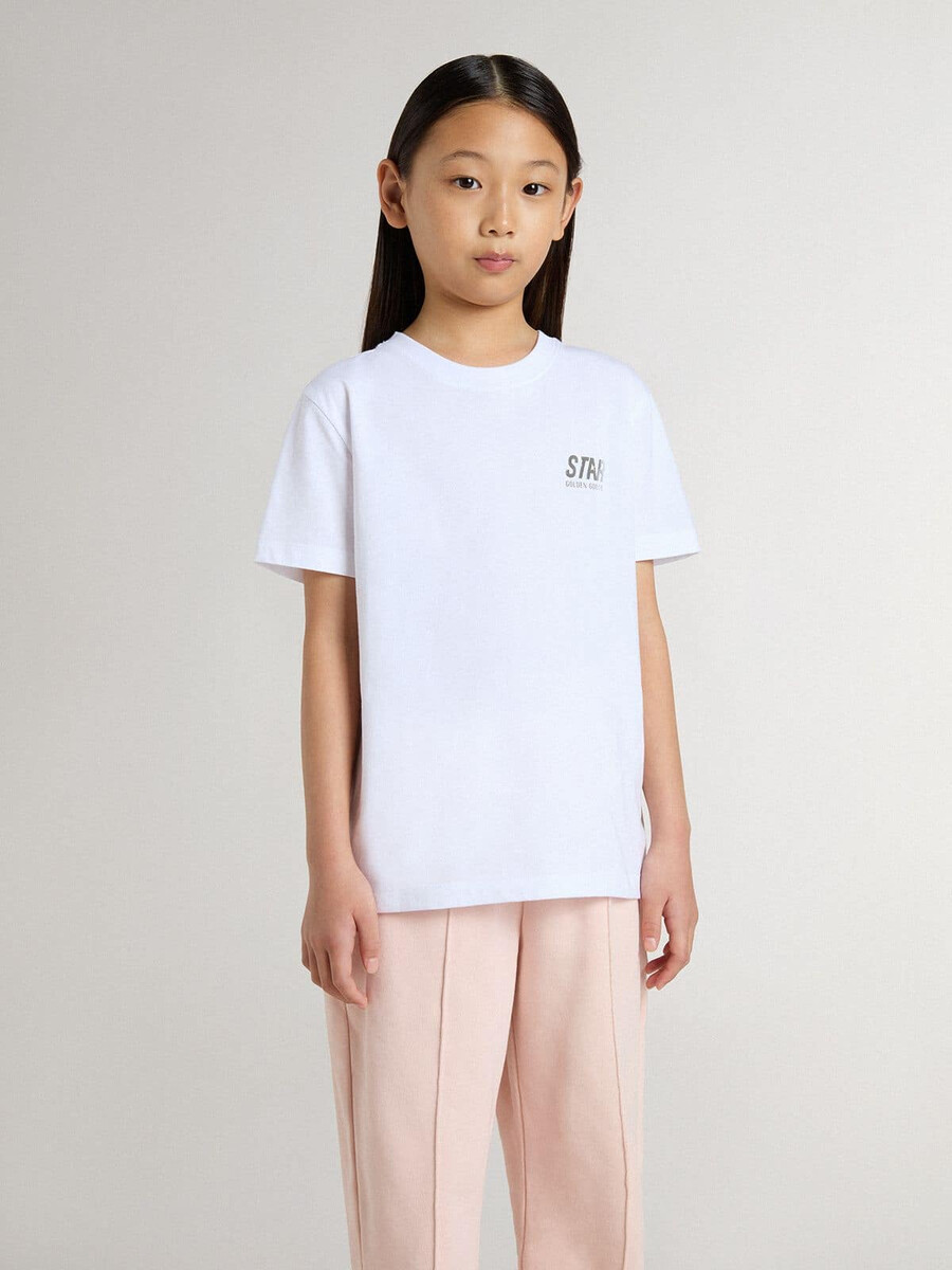 weißes baumwoll-t-shirt für kinder mit silbernem aufdruck