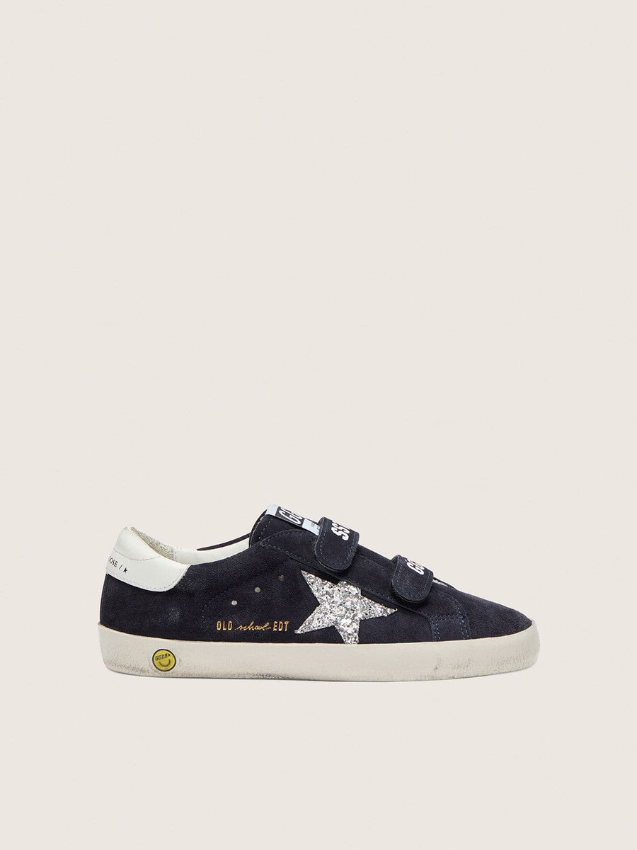 young old school in blauem wildleder mit silbernem glitzerstern und weißer leder-fersenlasche