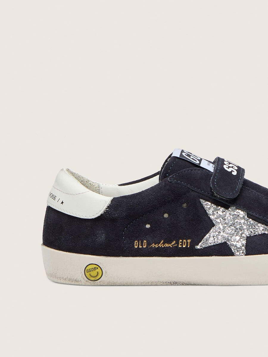 young old school in blauem wildleder mit silbernem glitzerstern und weißer leder-fersenlasche