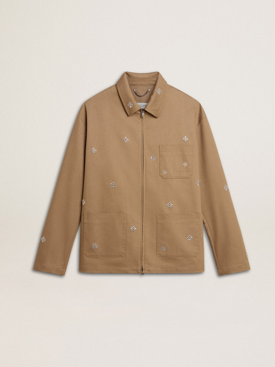 beige herrenjacke mit blumenstickerei und durchgehendem reißverschluss