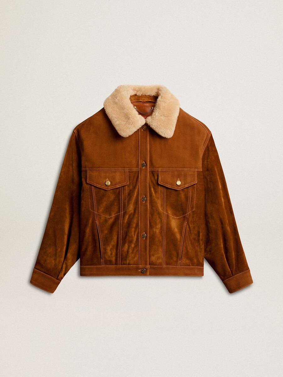 damenjacke aus tabakfarbenem spaltleder mit shearling-kragen