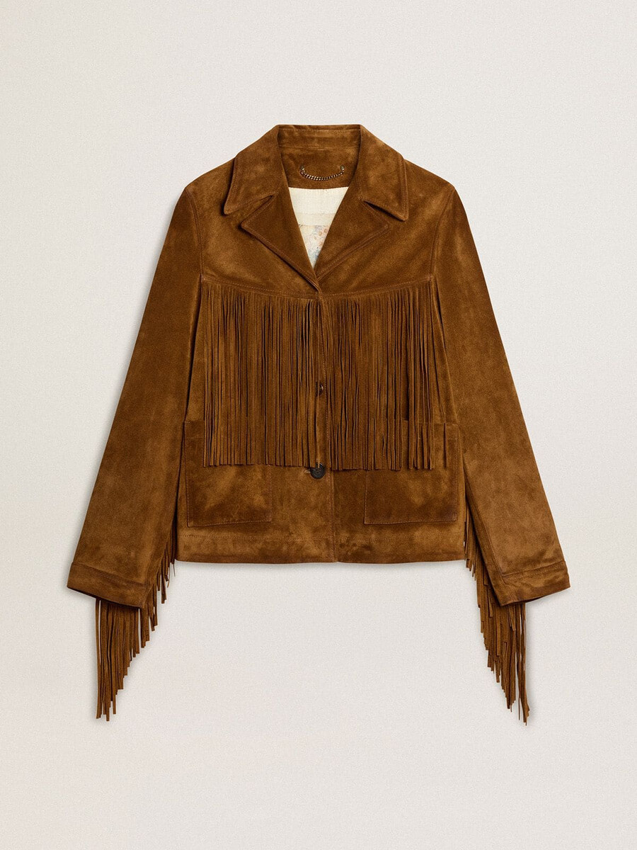 damen-wildlederjacke in tabakfarbe mit fransen
