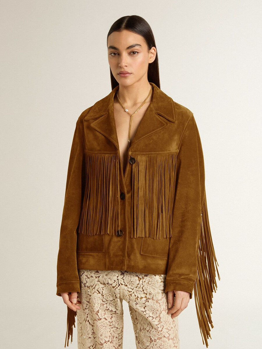 damen-wildlederjacke in tabakfarbe mit fransen