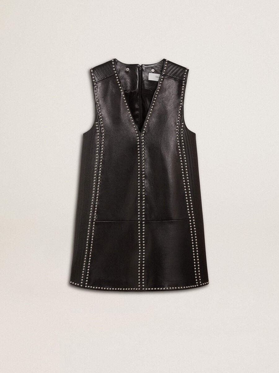 schwarzes damenkleid aus nappaleder mit nieten