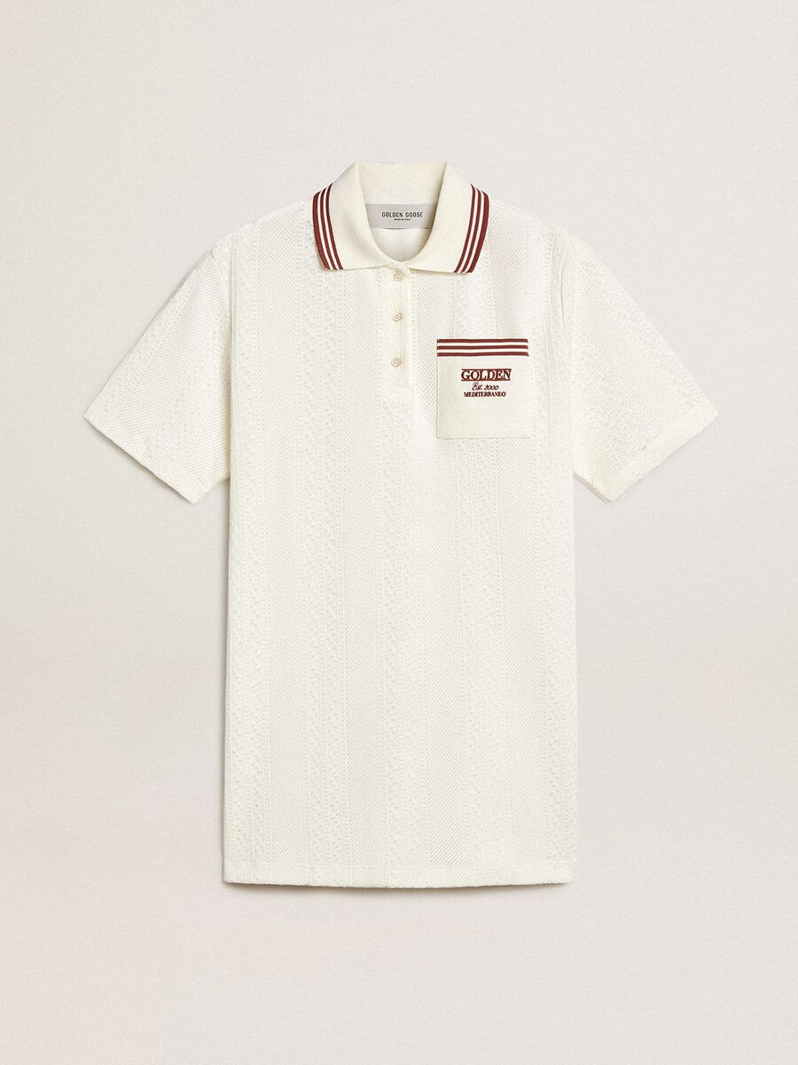 oasis polokleid für damen aus weißem perforiertem jersey mit bordeauxroten streifen