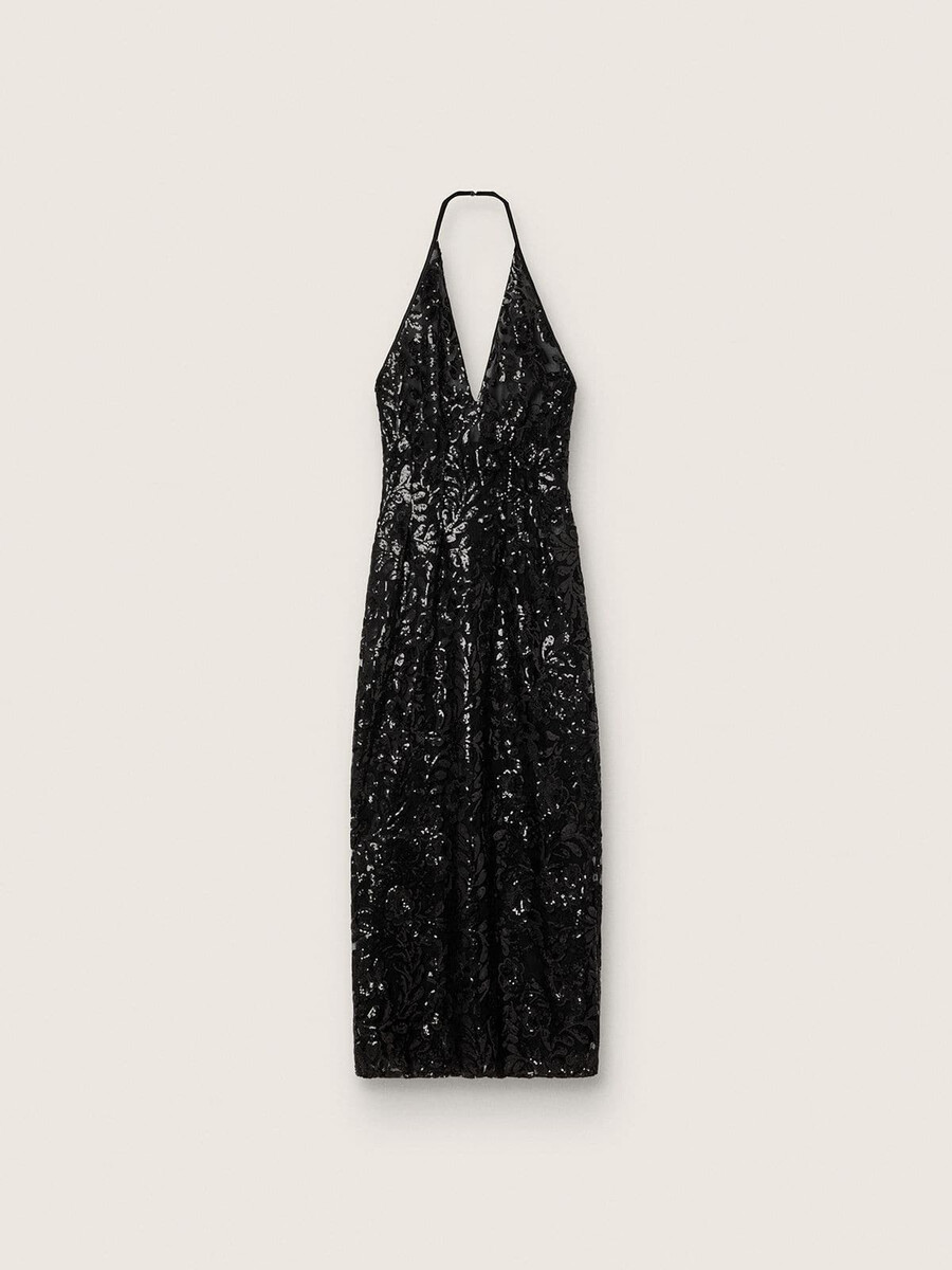 langes damenkleid aus tüll mit floraler stickerei aus schwarzen pailletten