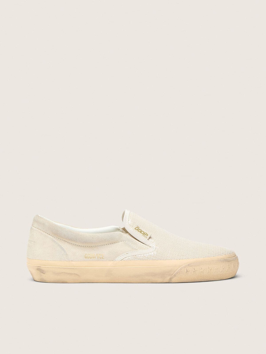 herren-sneaker von vce modell penstar aus beigefarbenem wildleder mit perlmuttfarbenen pailletten