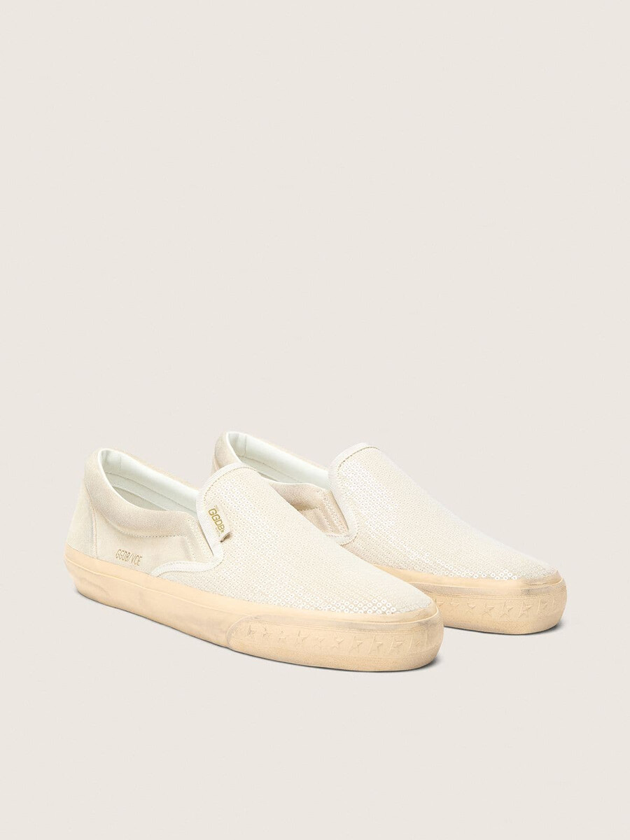 herren-sneaker von vce modell penstar aus beigefarbenem wildleder mit perlmuttfarbenen pailletten