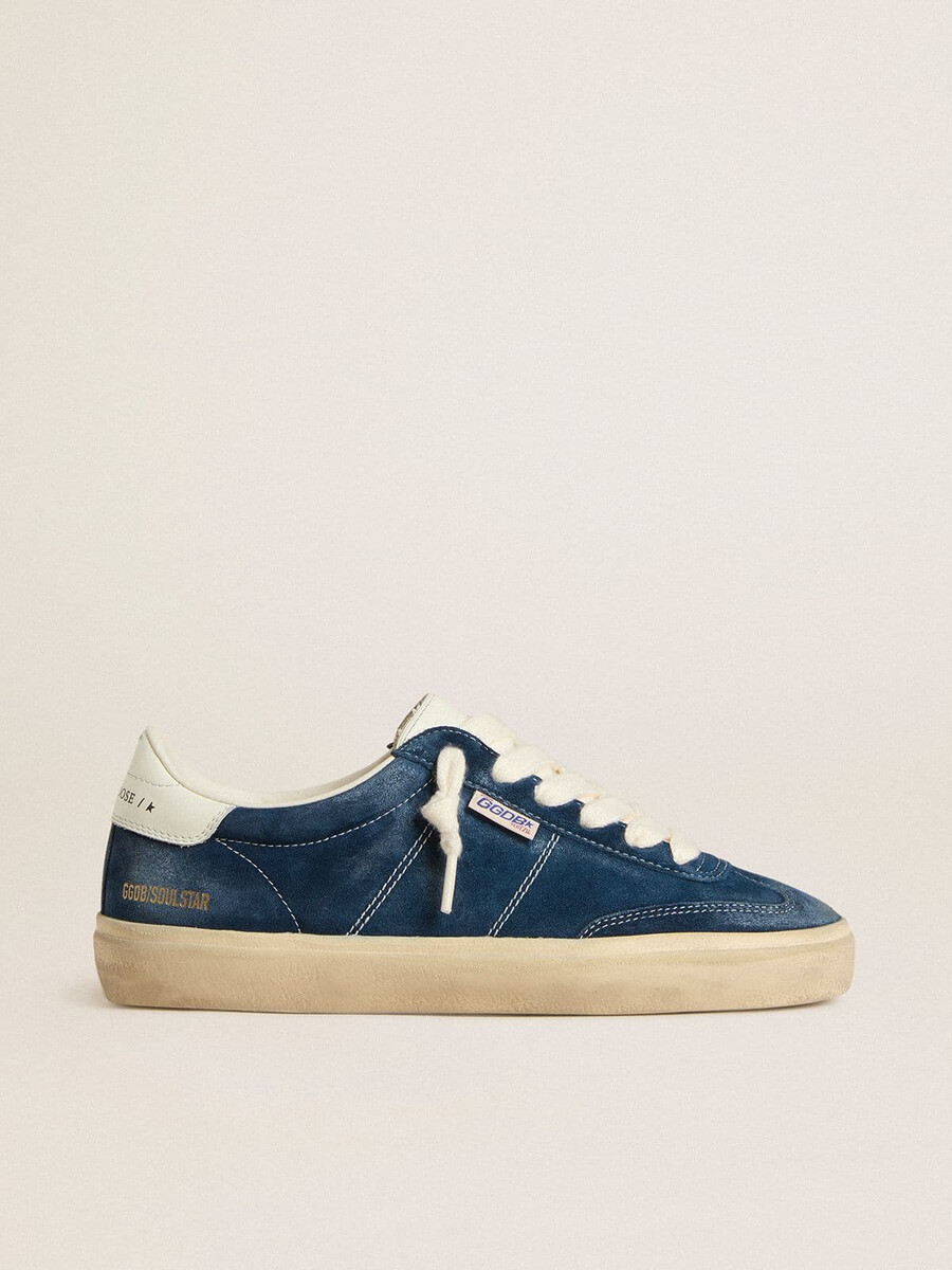 soul star damen-sandalen aus blauem wildleder mit weißer leder-fersenlasche