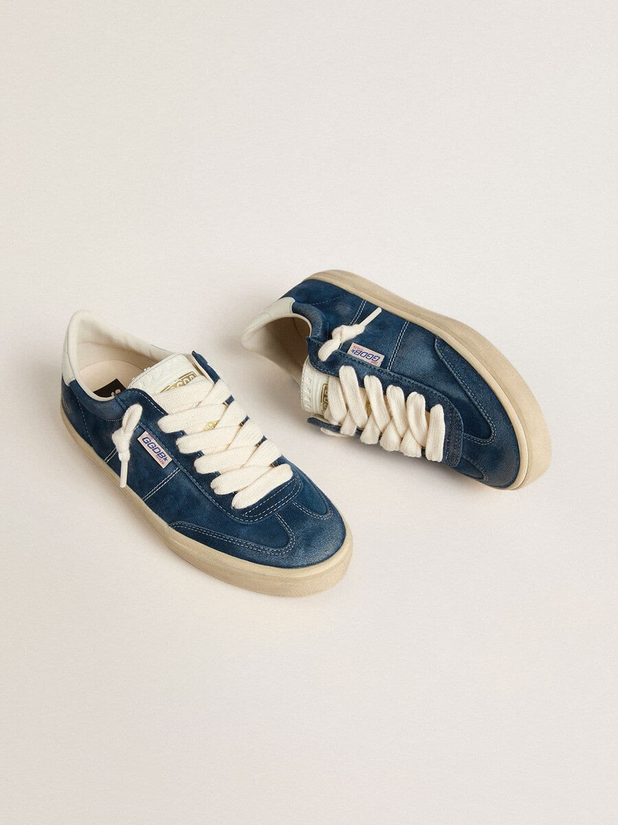 soul star damen-sandalen aus blauem wildleder mit weißer leder-fersenlasche