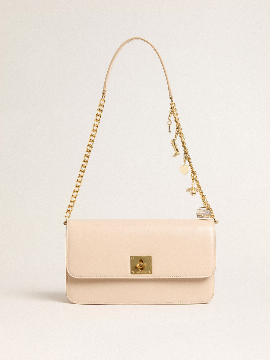 gioia tasche aus hellrosa genarbtem leder mit goldenen details