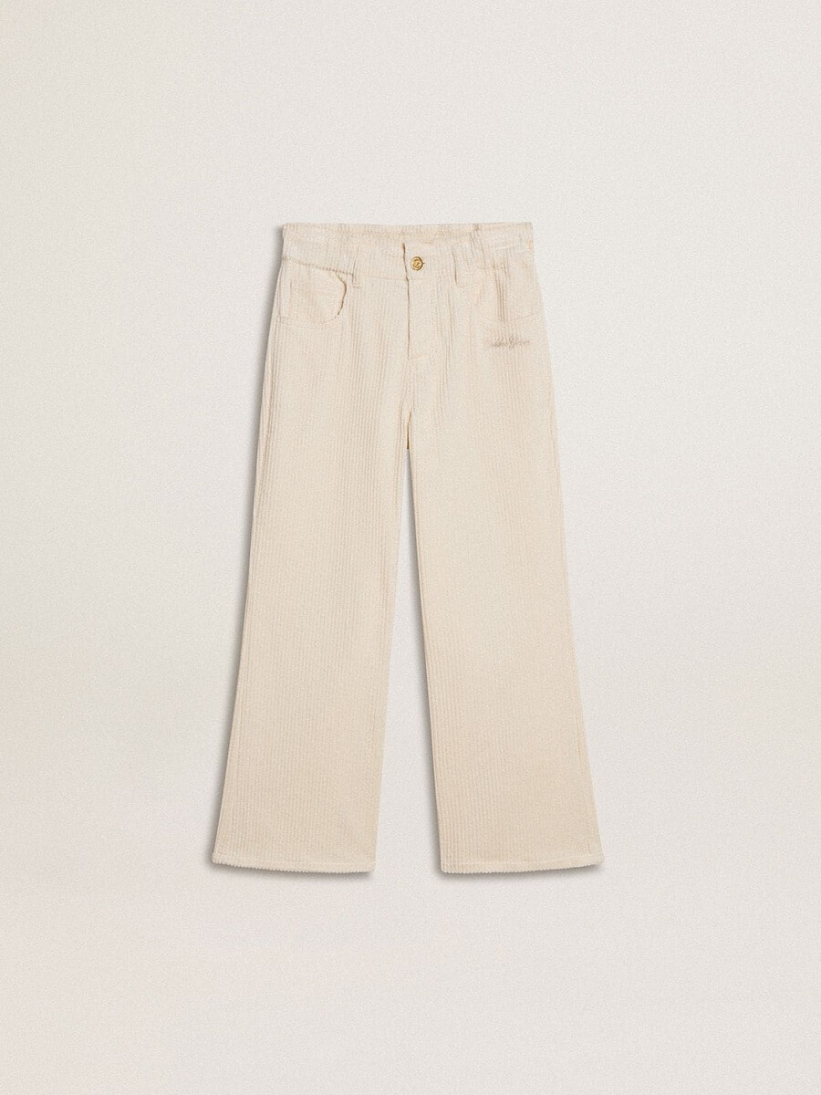 mädchenhose in creme mit weitem rippstrick und stickerei