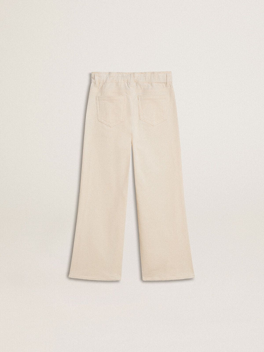 mädchenhose in creme mit weitem rippstrick und stickerei