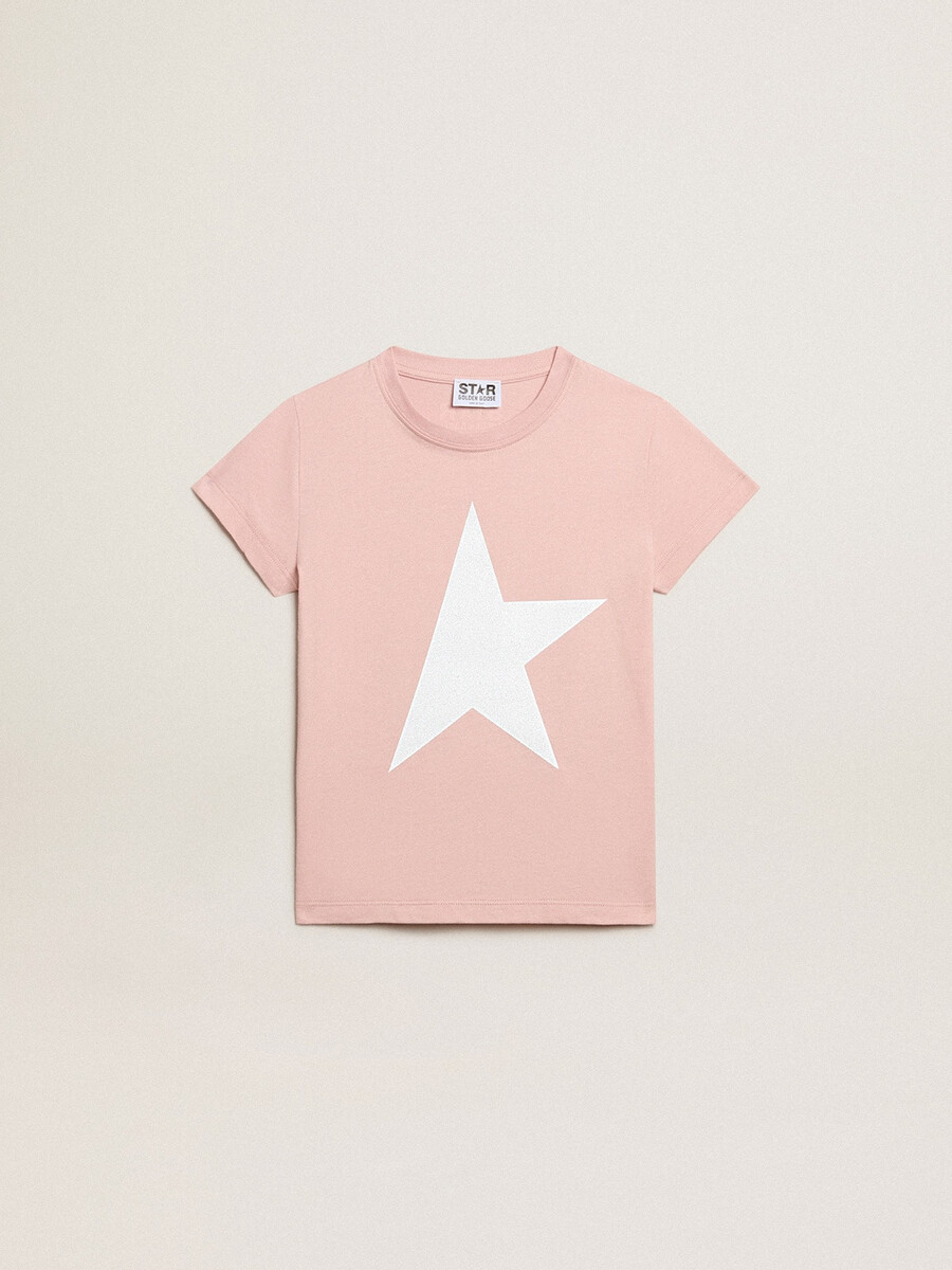 mädchen-t-shirt in rosa mit weißem logo und großem stern
