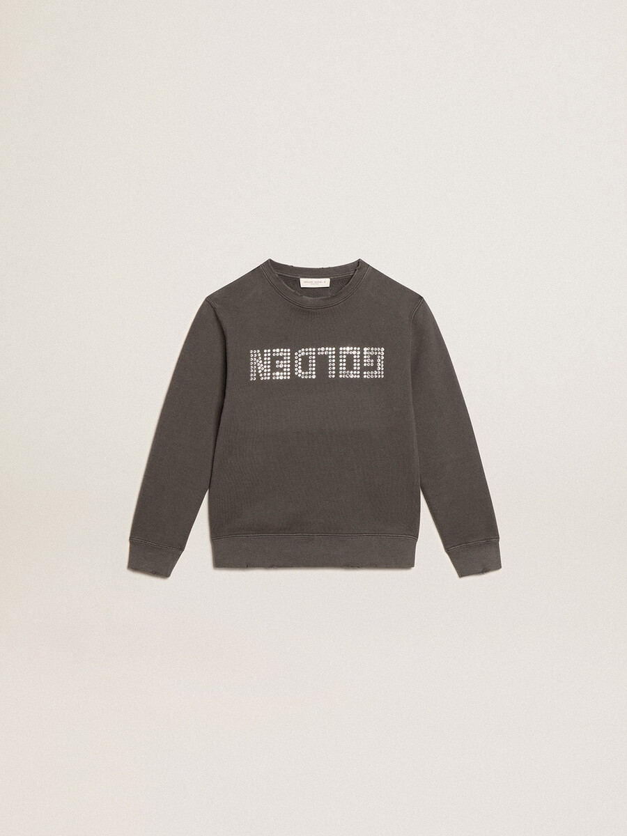 graues sweatshirt im used-look mit kristallbuchstaben