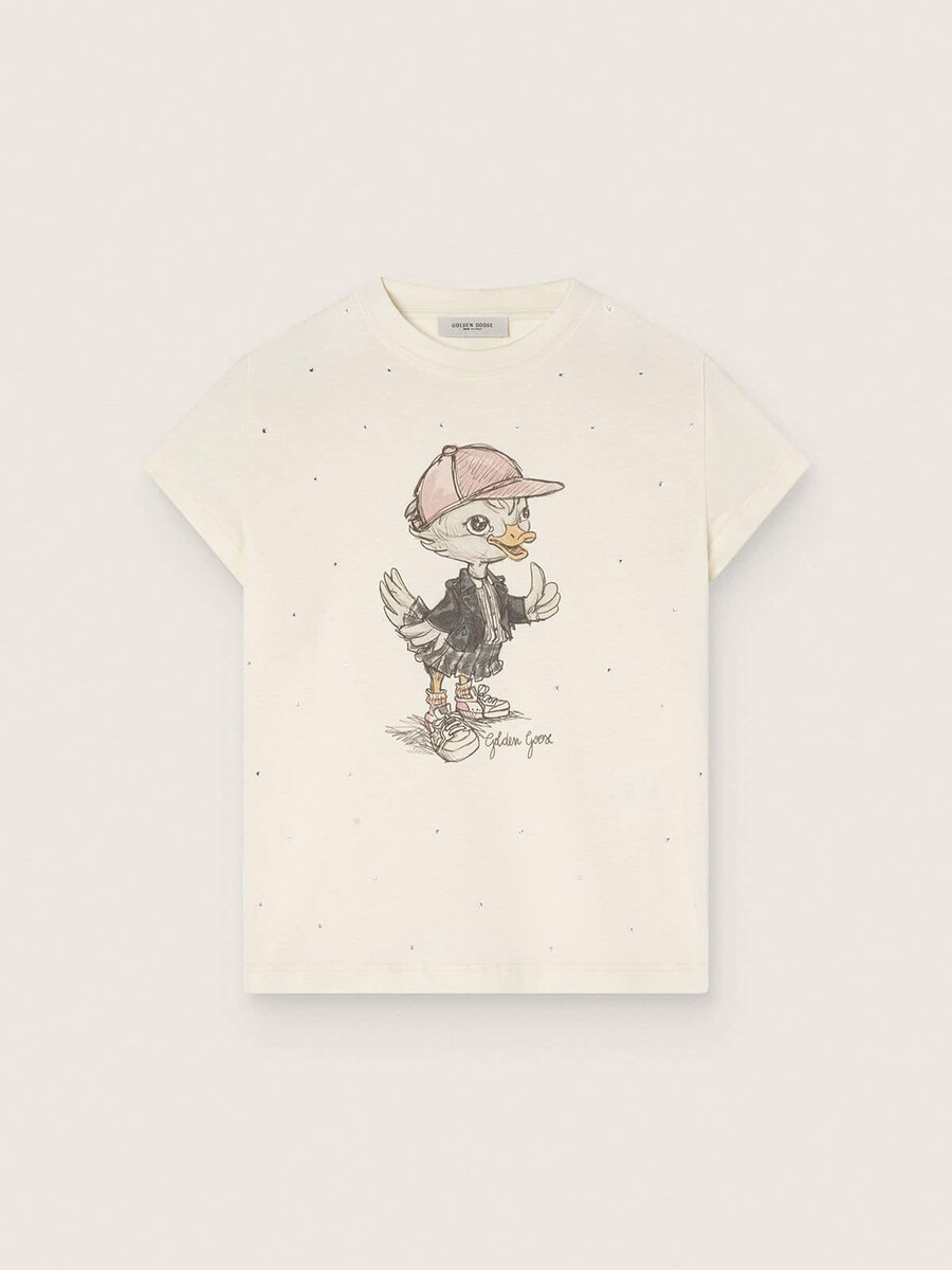 journey t-shirt für mädchen aus weißem baumwolljersey mit digitalem maskottchendruck und kristallapplikationen