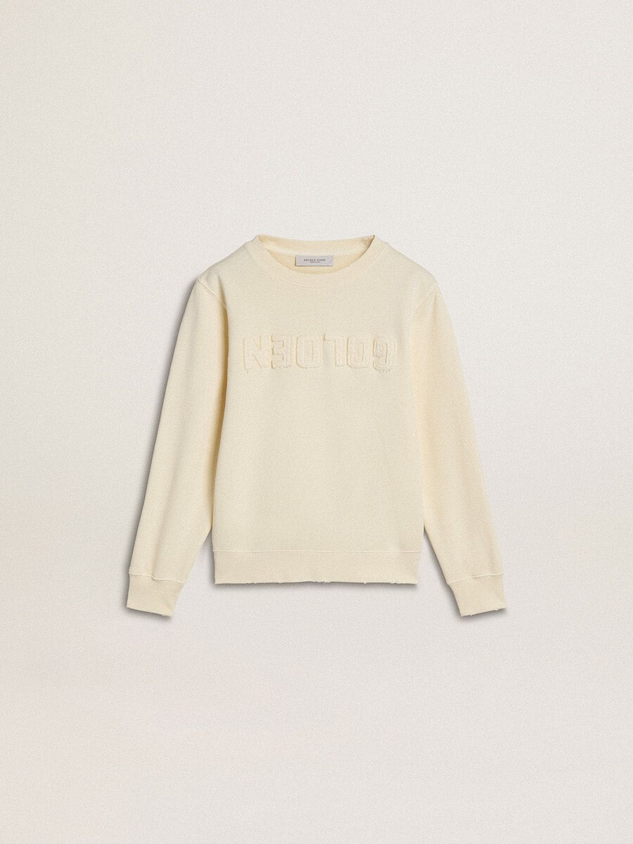 mädchen-sweatshirt in cremefarbe mit aufgenähter schrift