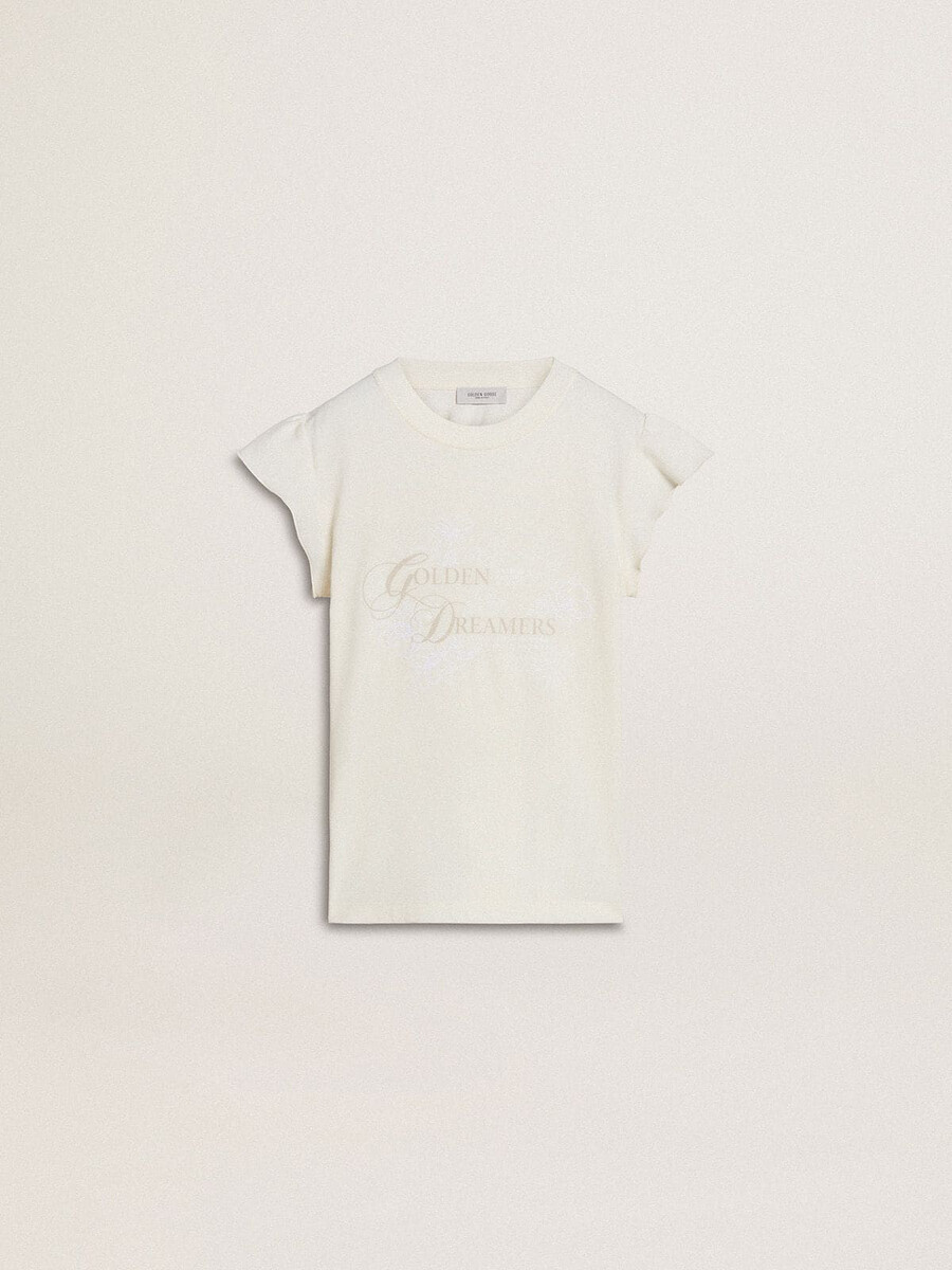 mädchen-t-shirt mit rüschenärmeln schriftzug und stickerei.