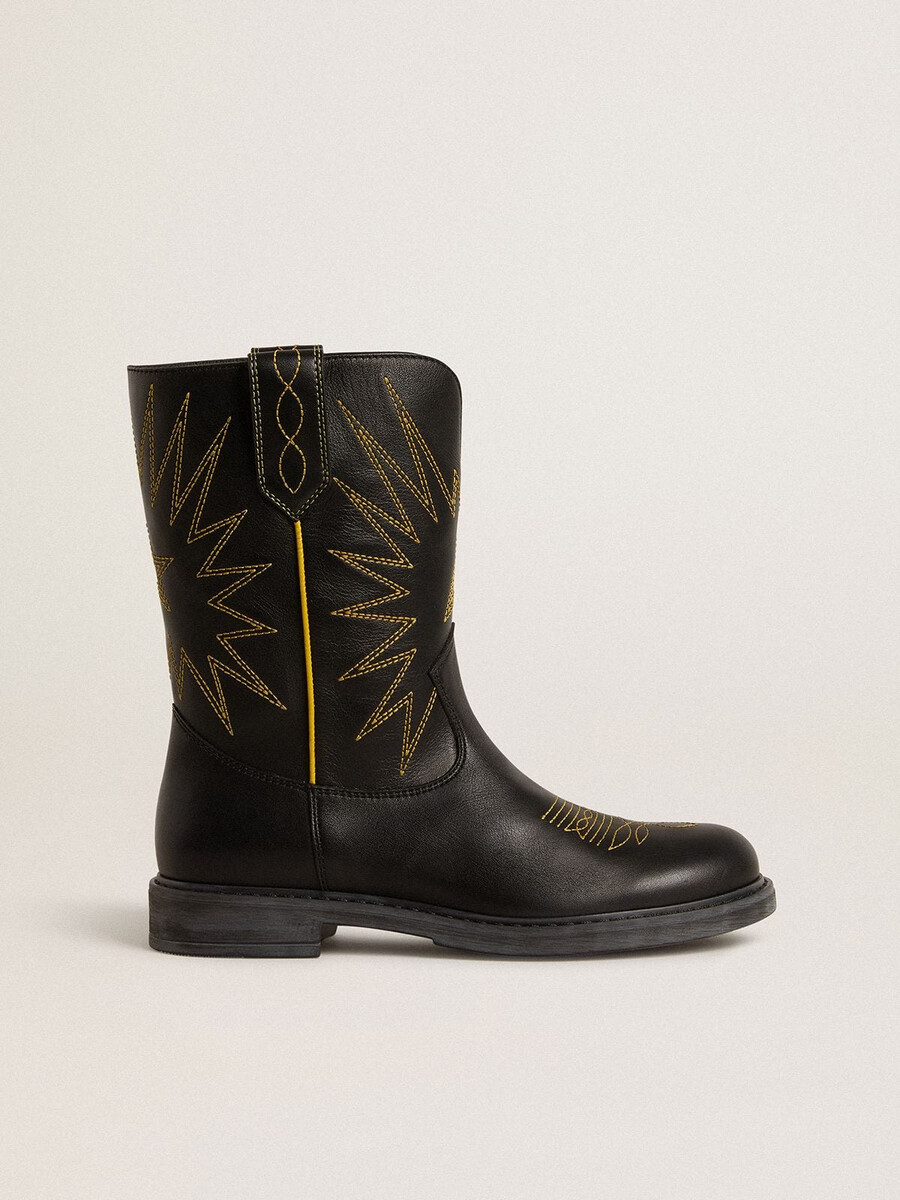 wish teen stiefel aus schwarzem leder mit gelber sternenstickerei