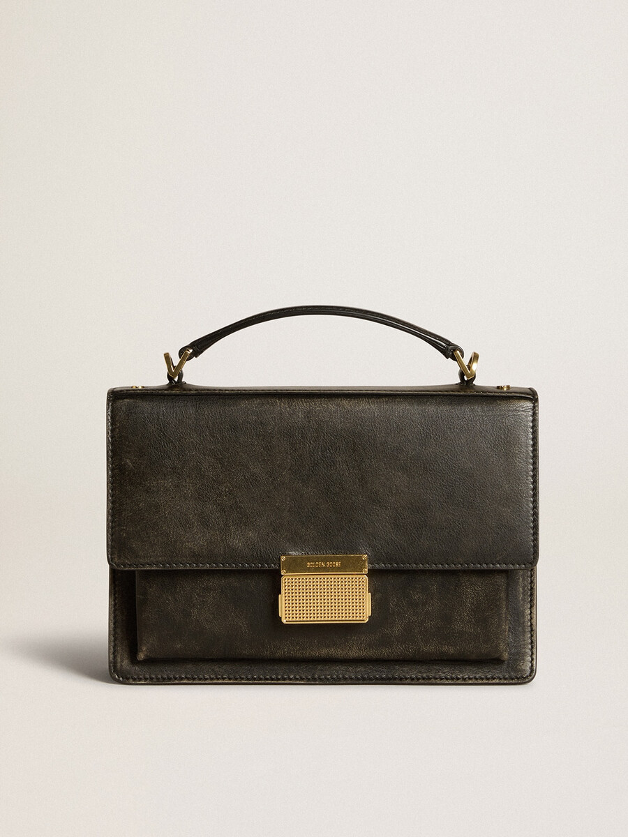 venezia-tasche aus schwarzem vintage-leder mit goldenen details