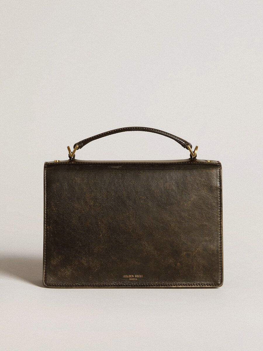 venezia-tasche aus schwarzem vintage-leder mit goldenen details