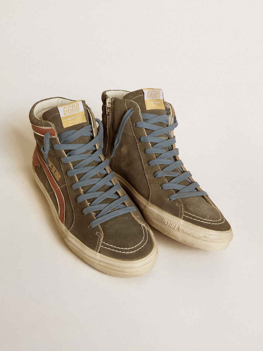 herren-sandalen aus grauem wildleder mit braunem nubuk-stern und glitzer