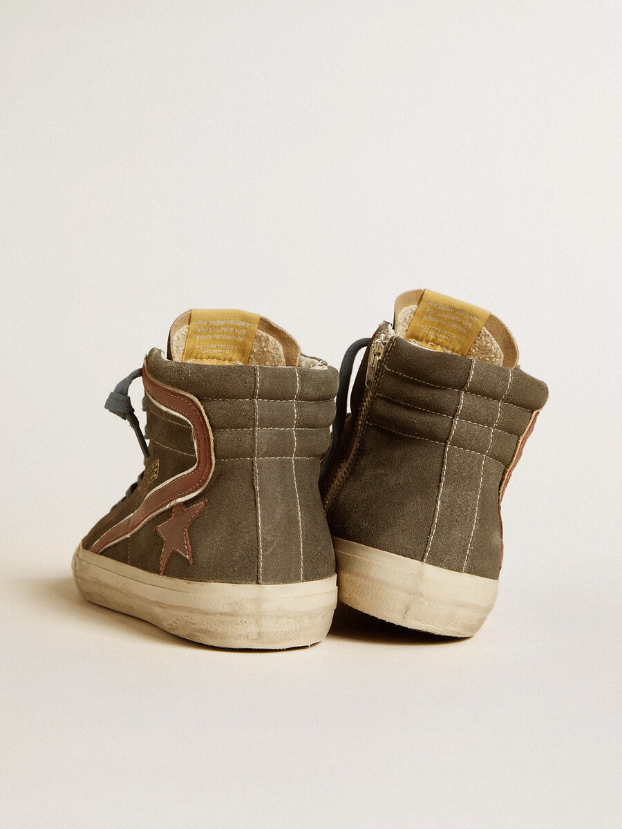 herren-sandalen aus grauem wildleder mit braunem nubuk-stern und glitzer