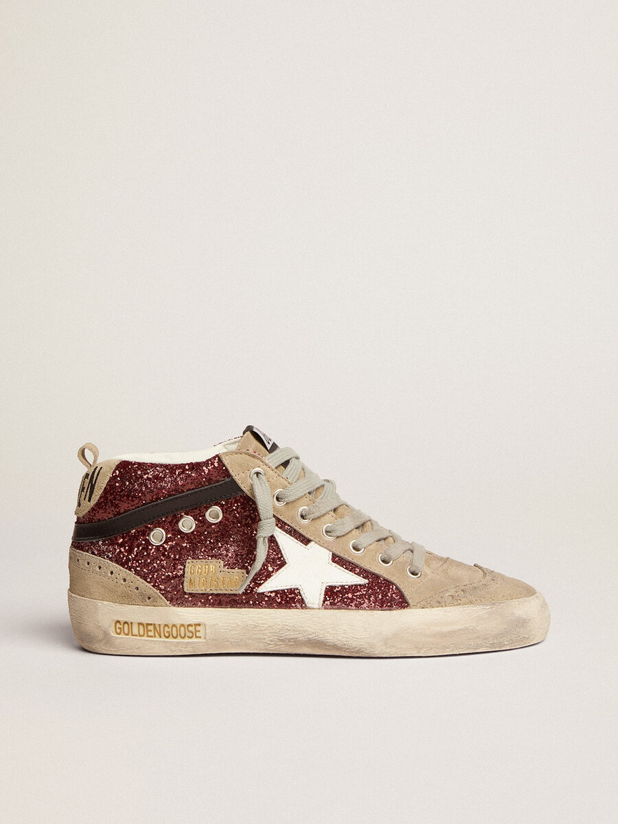 damen-sandalen „mid star in bordeauxrotem glitzer mit grauen einsätzen und weißem stern
