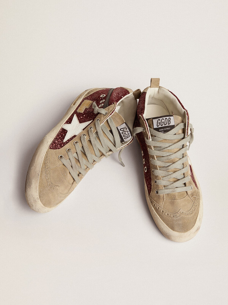 damen-sandalen „mid star in bordeauxrotem glitzer mit grauen einsätzen und weißem stern