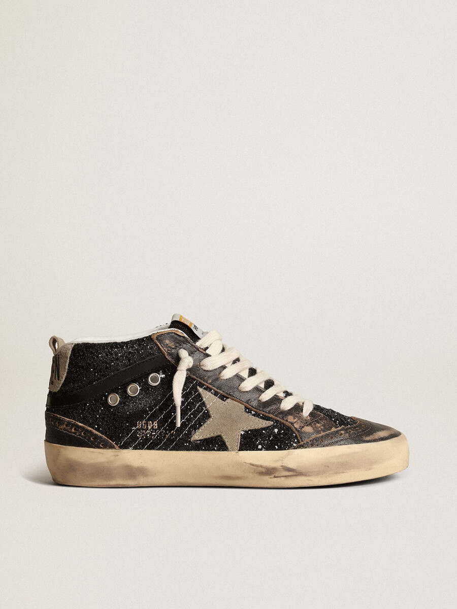damen-sneaker mid star in schwarzem glitzer mit taubengrauem wildlederstern und fersenlasche