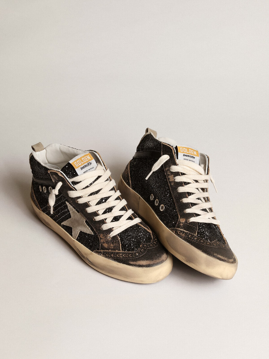 damen-sneaker mid star in schwarzem glitzer mit taubengrauem wildlederstern und fersenlasche