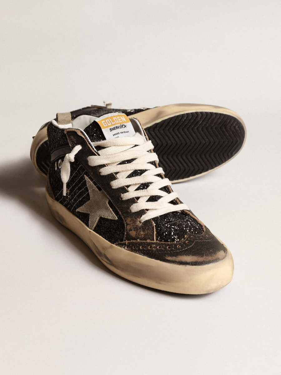damen-sneaker mid star in schwarzem glitzer mit taubengrauem wildlederstern und fersenlasche