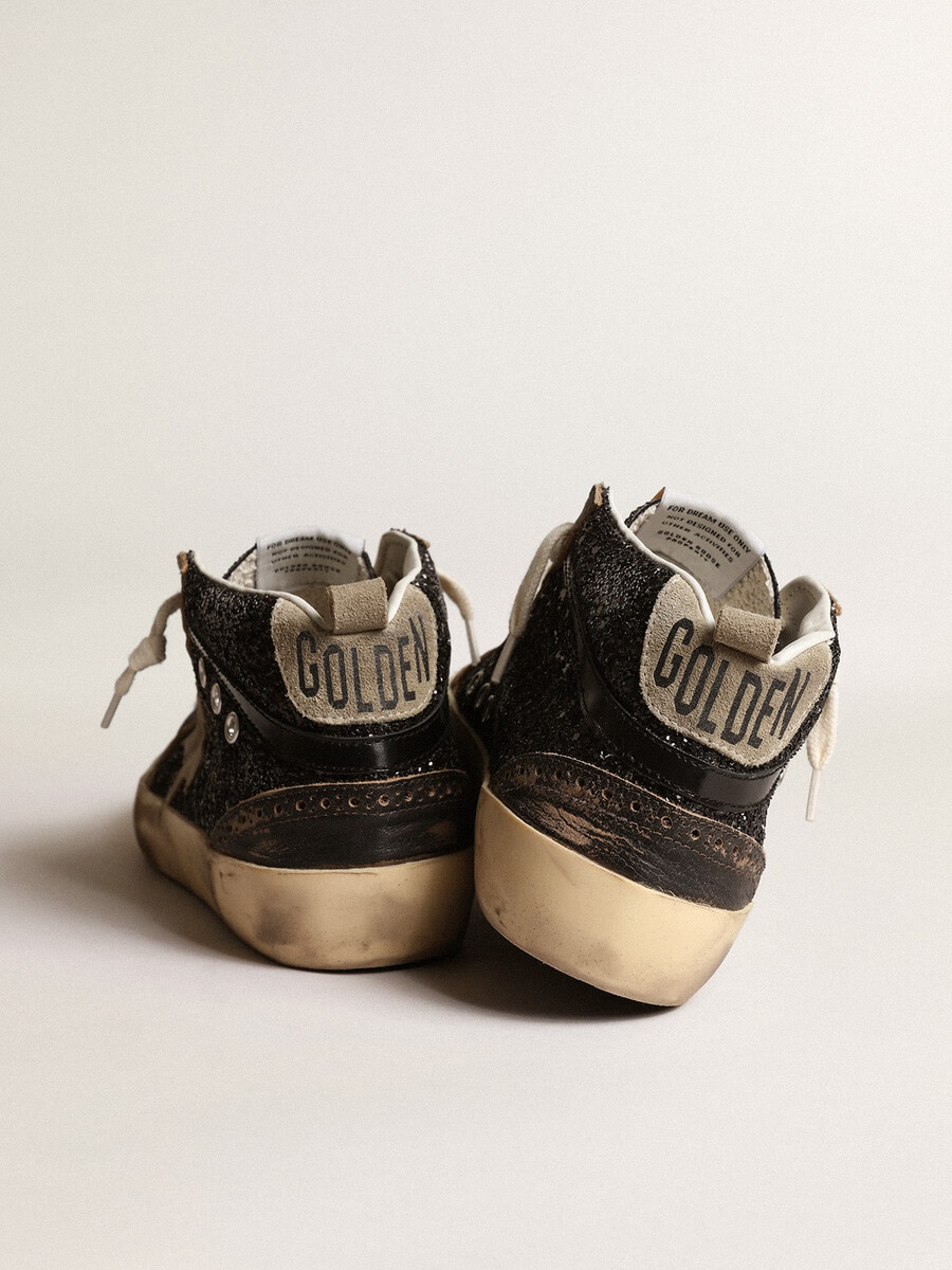 damen-sneaker mid star in schwarzem glitzer mit taubengrauem wildlederstern und fersenlasche