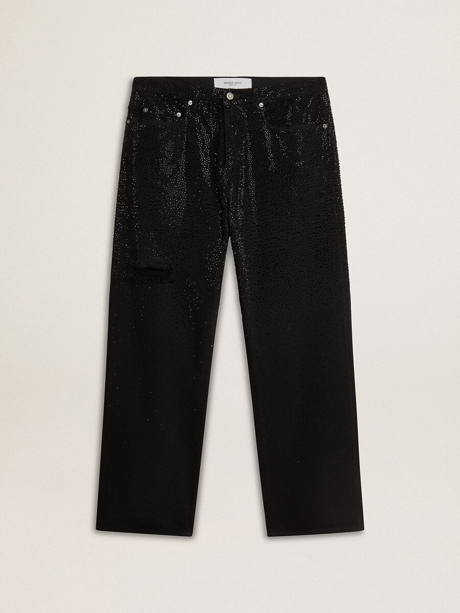 schwarze herrenjeans mit lockerer passform und durchgehendem kristallbesatz mit farbverlauf