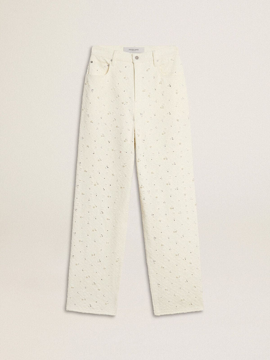 weiße damen-jeans mit perlen- und kristallverzierungen