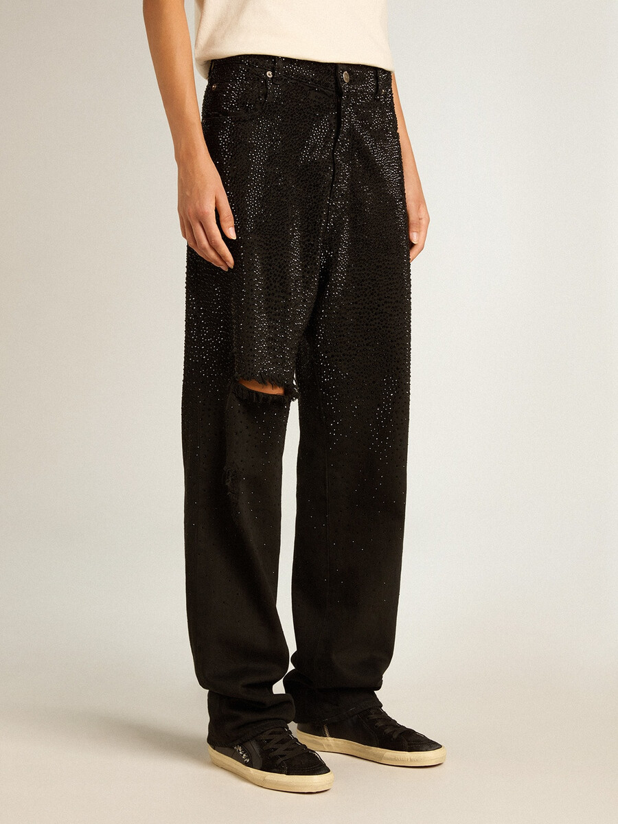 damen-jeans aus baumwolle mit schattierter kristallverzierung