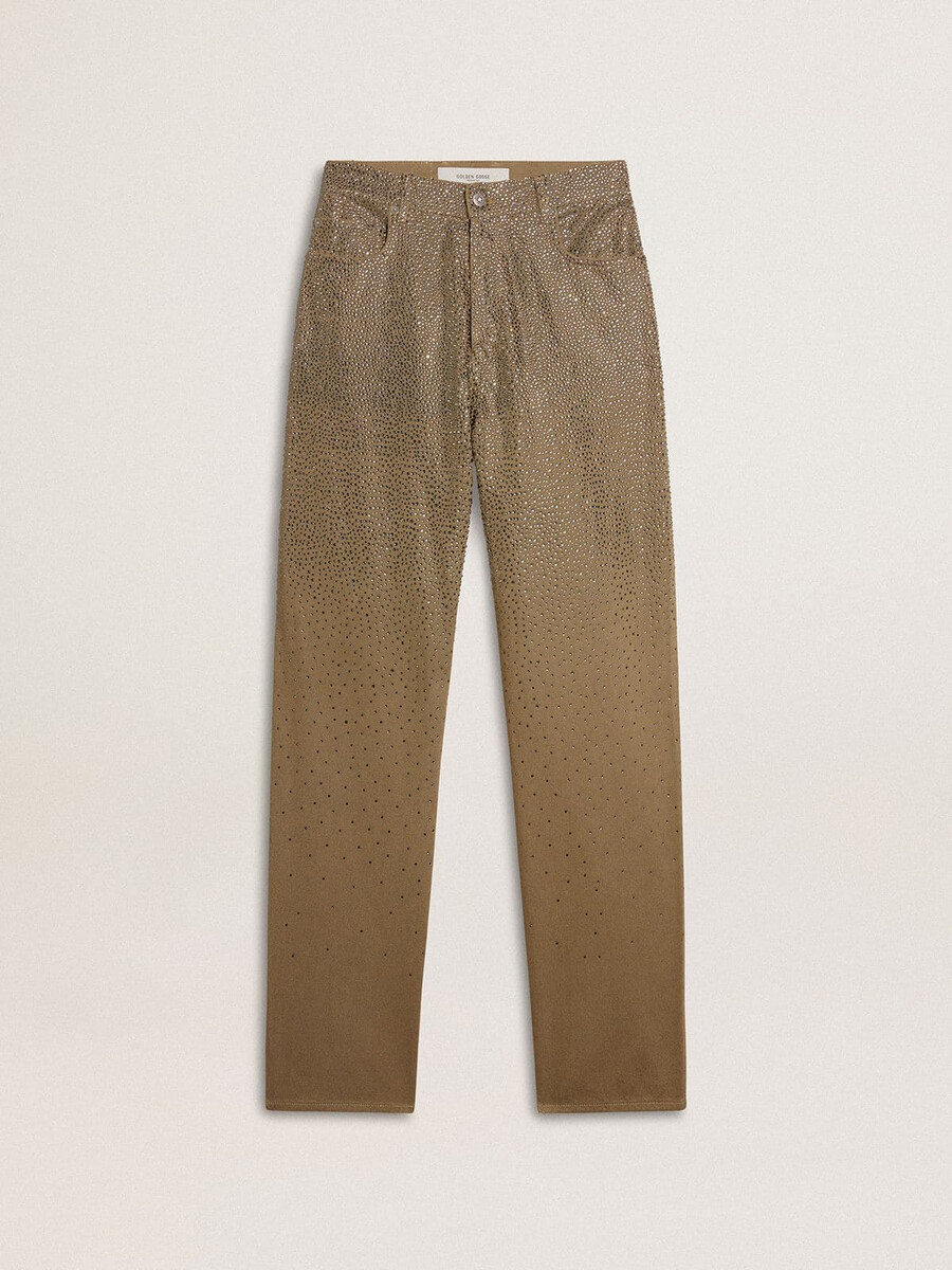 damen-baumwollhose in khaki mit farbverlauf und swarovski-effekt