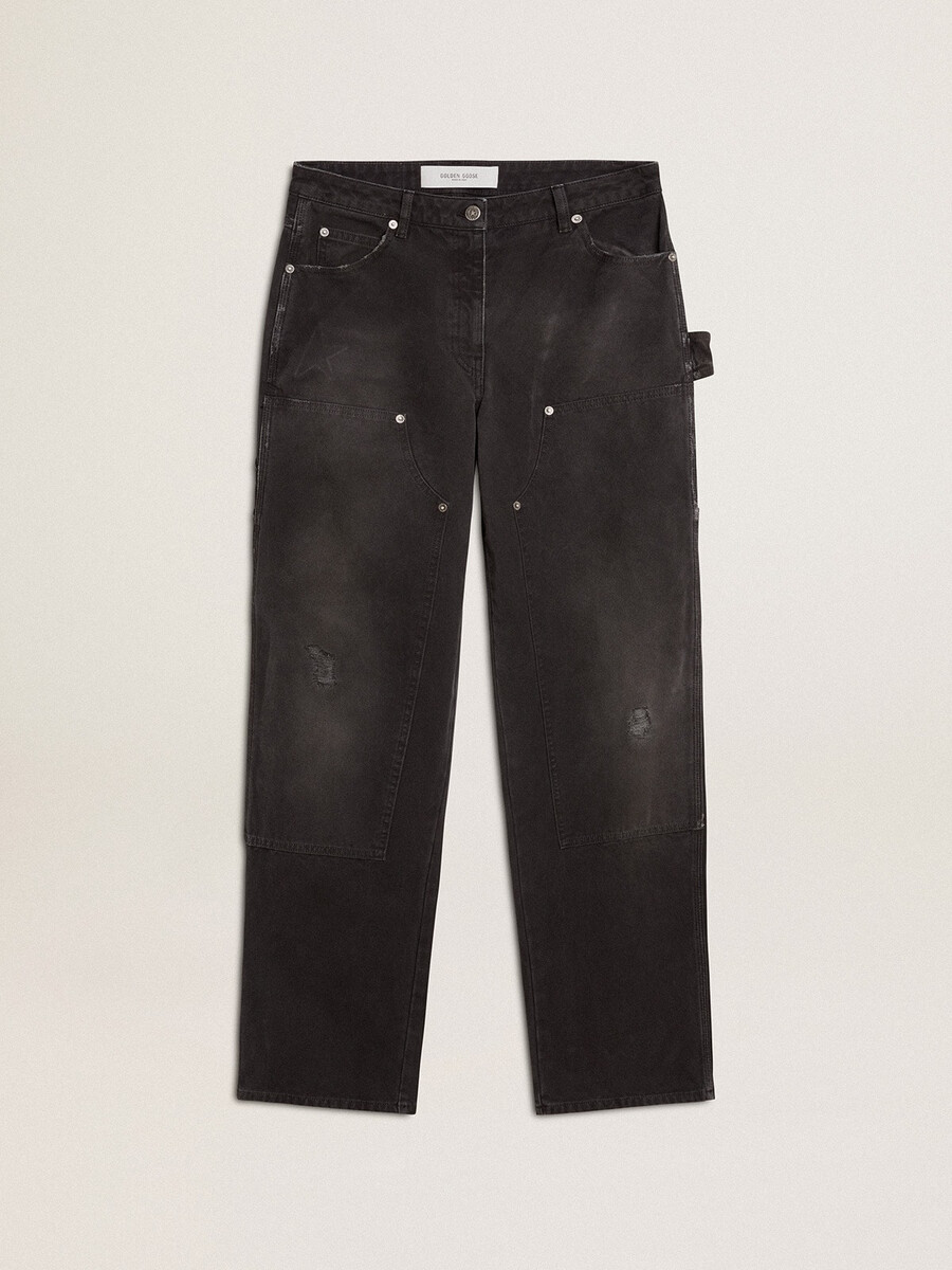 schwarze damen-jeans aus baumwolle im used-look mit aufgesetzten vorderteilen