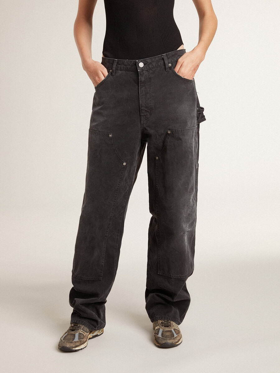 schwarze damen-jeans aus baumwolle im used-look mit aufgesetzten vorderteilen
