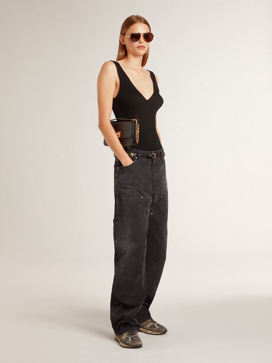 schwarze damen-jeans aus baumwolle im used-look mit aufgesetzten vorderteilen
