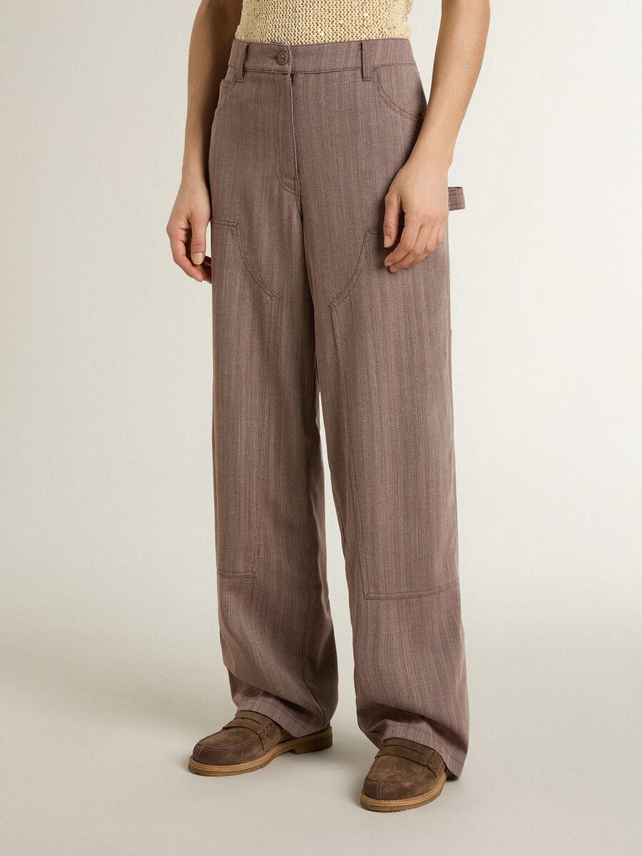 damenhose aus wollmischgewebe in hellbraunem mikro-zickzackmuster