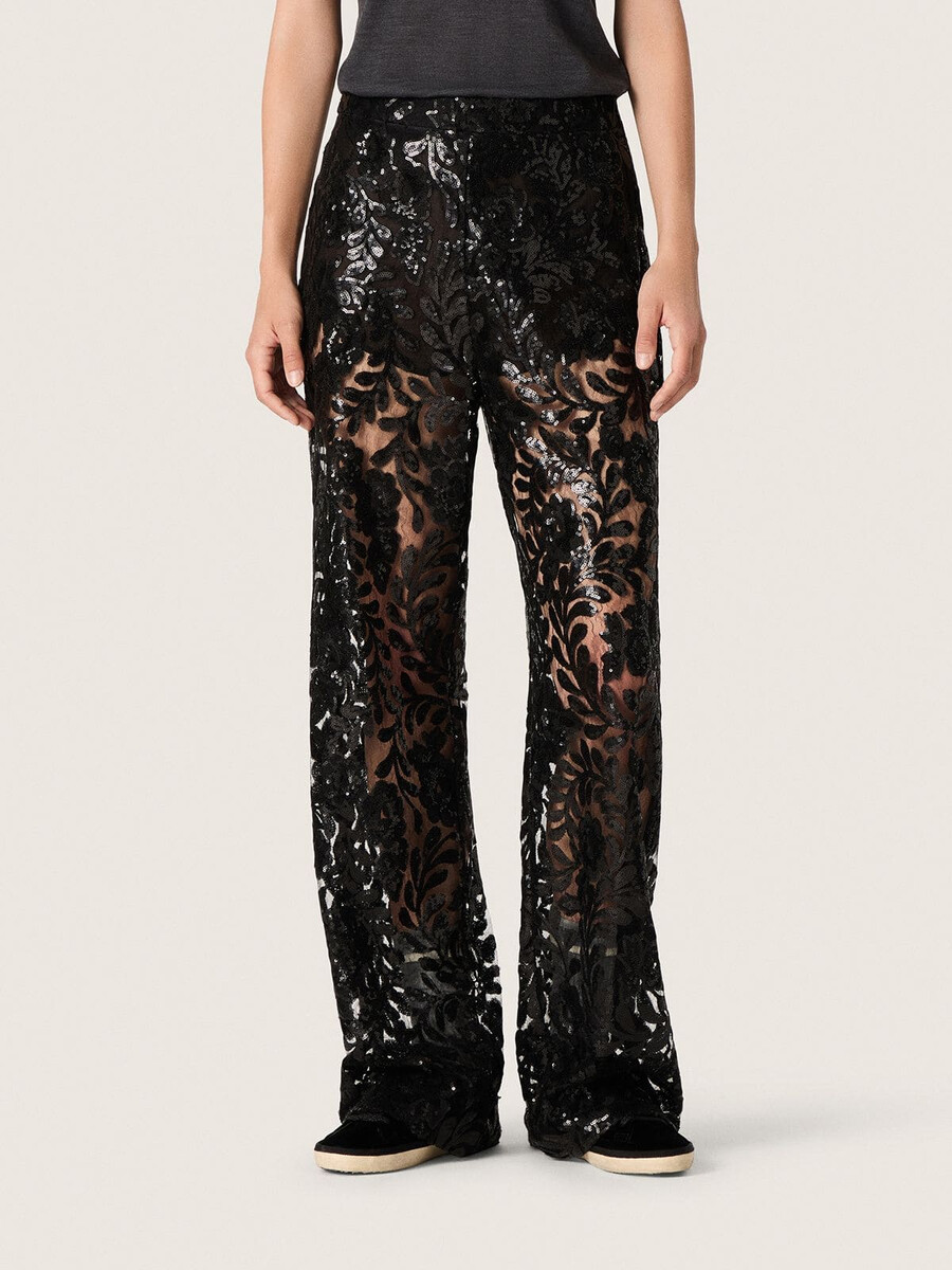 damen-tüllhose mit floraler stickerei aus schwarzen pailletten
