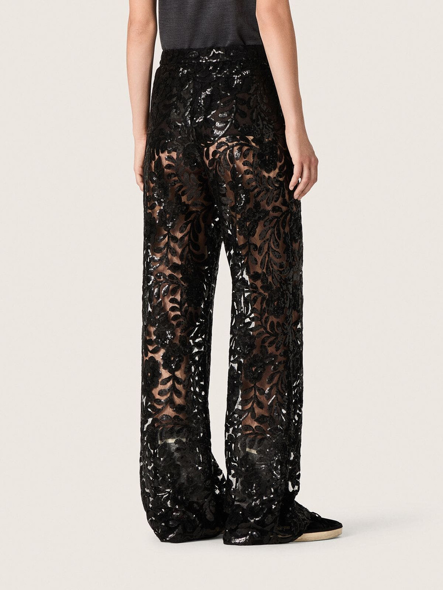 damen-tüllhose mit floraler stickerei aus schwarzen pailletten