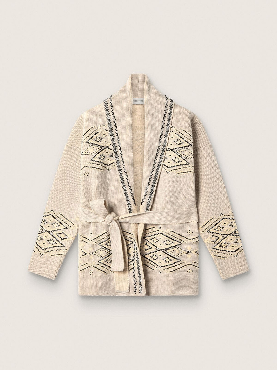 damen-cardigan mit gürtel aus beigefarbenem wollmischgewebe mit kontrastierender stickerei
