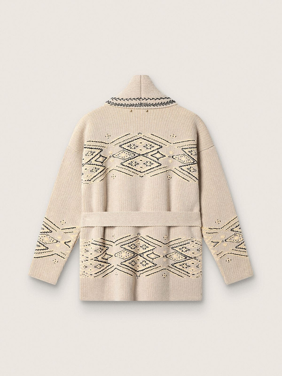 damen-cardigan mit gürtel aus beigefarbenem wollmischgewebe mit kontrastierender stickerei