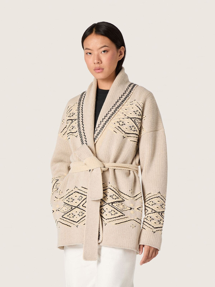 damen-cardigan mit gürtel aus beigefarbenem wollmischgewebe mit kontrastierender stickerei