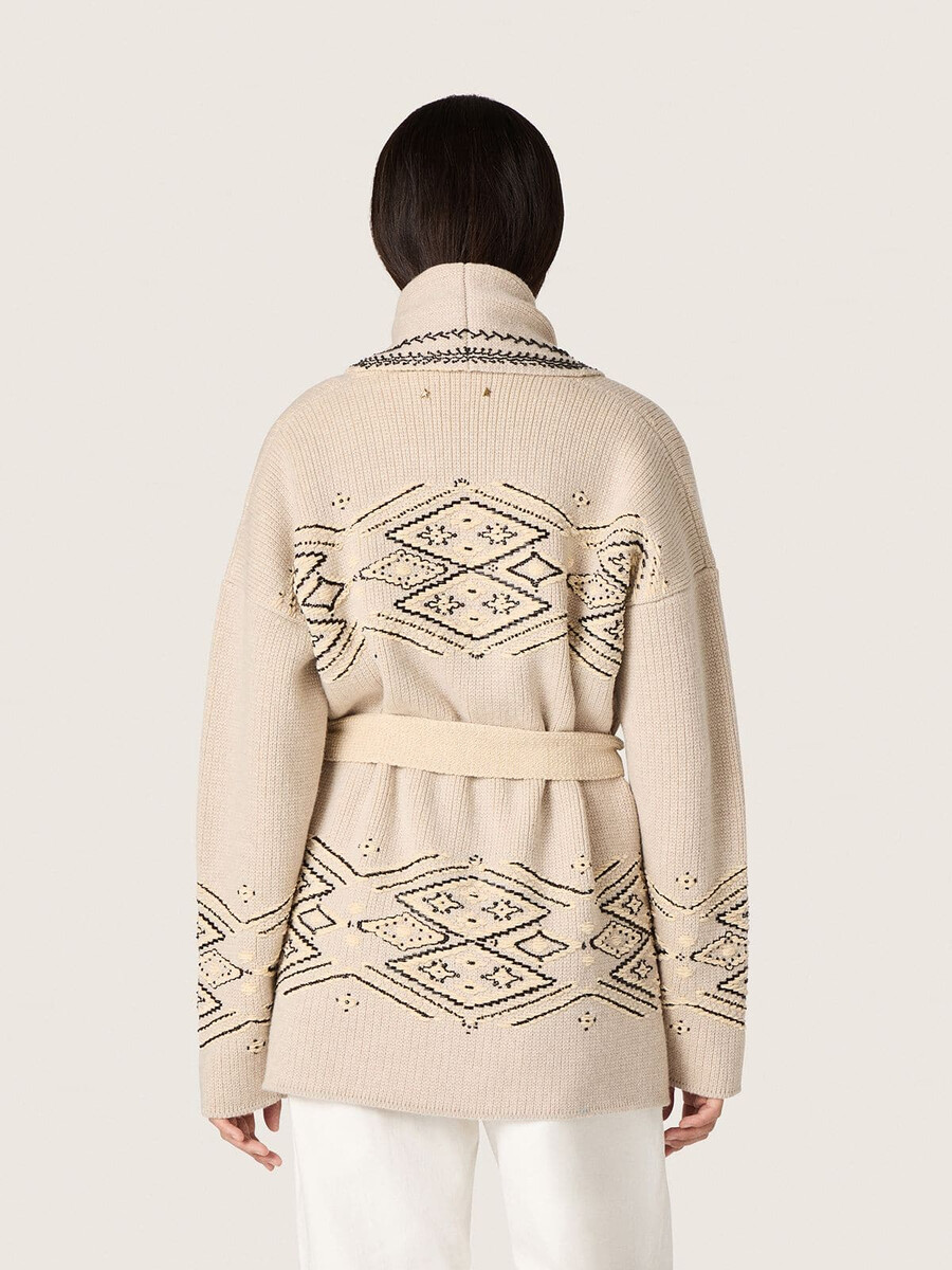 damen-cardigan mit gürtel aus beigefarbenem wollmischgewebe mit kontrastierender stickerei